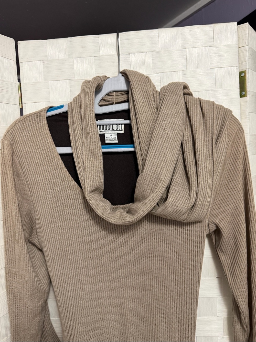 Robbie Bee Taupe Ribbed Long Sleeve Knit Dress with Attached Scarf - Picture 3 of 5